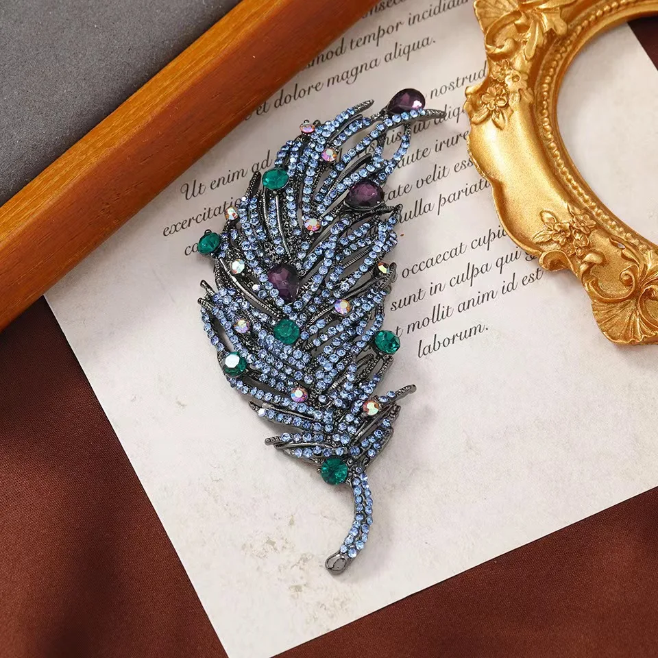 Vintage diamond peacock feather brooch heavy duty elegant coat upscale rhinestone brooch