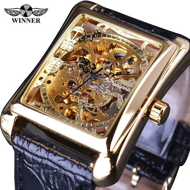 OEM/ODM Winner Watch Retro Casual Series Rectangle Dial Design Golden Pattern Hollow Skeleton Men Top Brand Luxury Mechanical