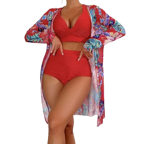 Trendy bathing suit cover up set floral beach wear for women 3 piece swimwear