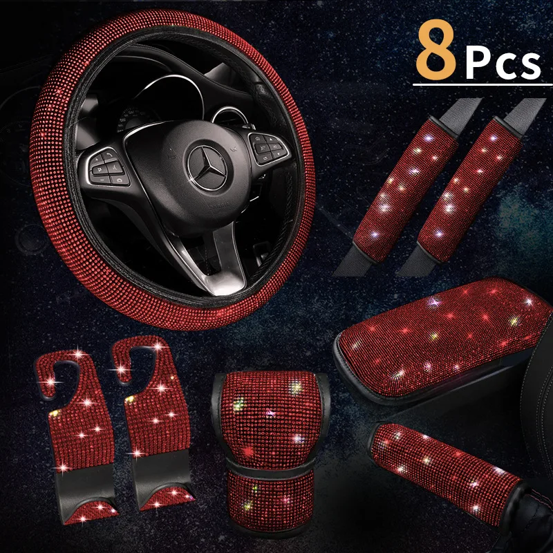 Custom 8pcs Shining luxury bling rhinestone steering wheel cover full setUniversal car steering wheel cover for women diamond