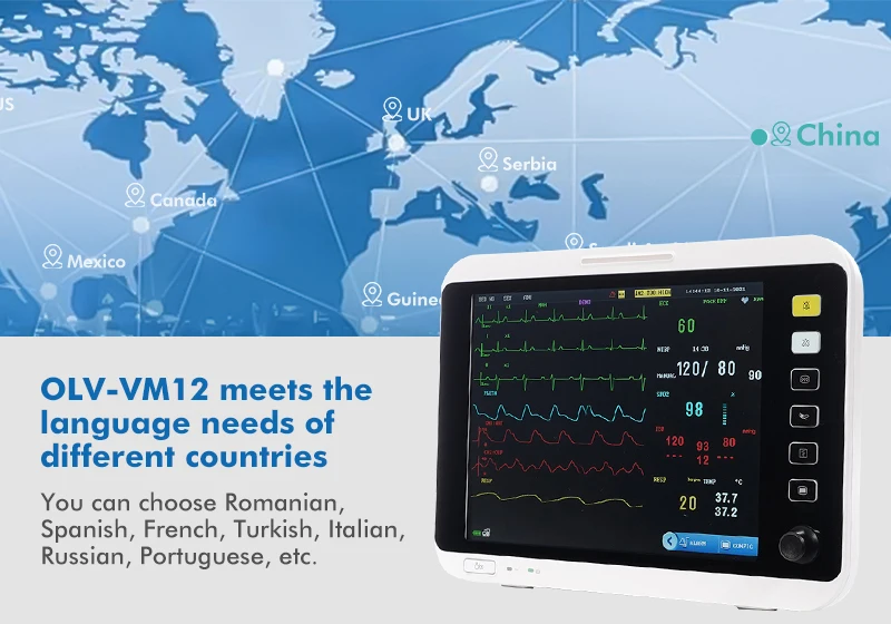 12 1 дюймовый многоязычный портативный ветеринарный мониторинг жизненно важных признаков для домашних животных с функцией Nibp Etco2