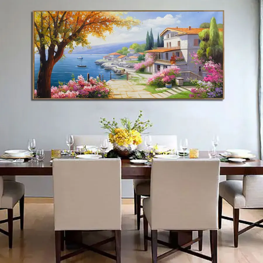 Original Art 100% Hand-Painted Tuscan Mediterranean Scenery Painting Beautiful Ocean Oil Wall Canvas Art Work