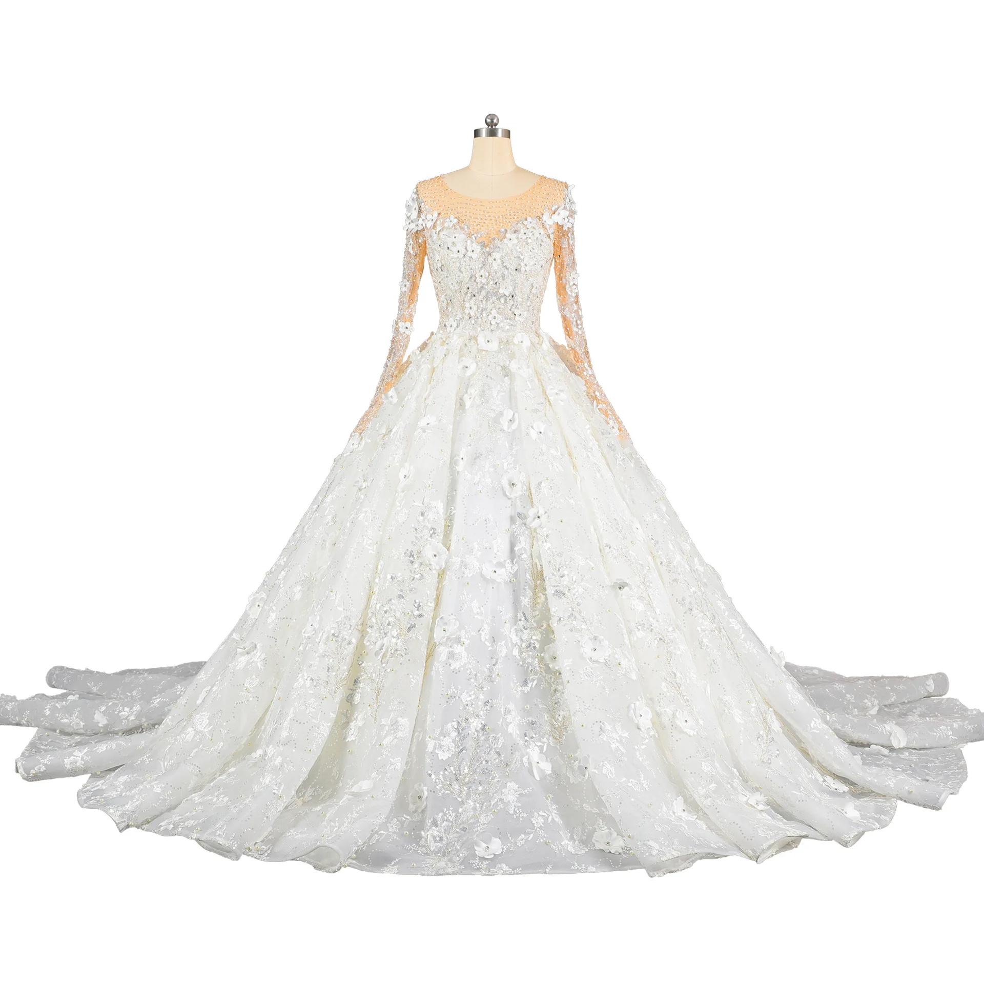 XINEN   European custom-made heavy-duty gorgeous beaded exquisite flower long-sleeved round neck large tail wedding dress