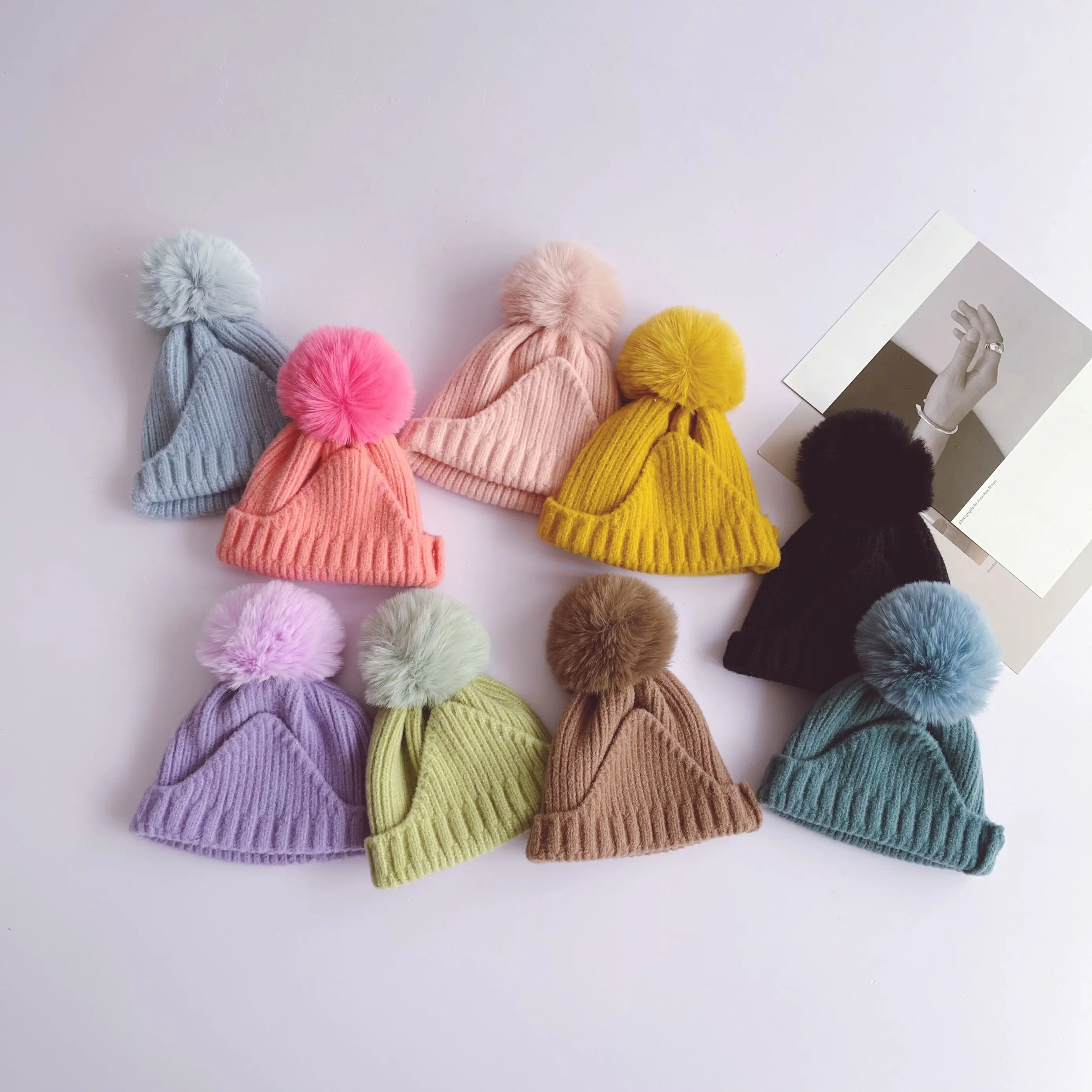 10 colors Big Fur Pom pom Beanie Hats Kids Girls Boys Warm Acrylic Knitted Winter Hat Baby Woolen Earflap Bonnets Caps