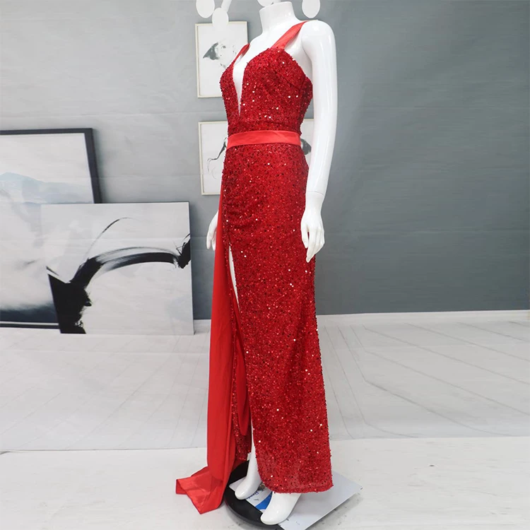 ZISE Luxury Vintage Red Dress Vestidos De Fiesta Noche Gala Rojos Chic Longue Fendue Robe Soiree Rouge Sequin Long