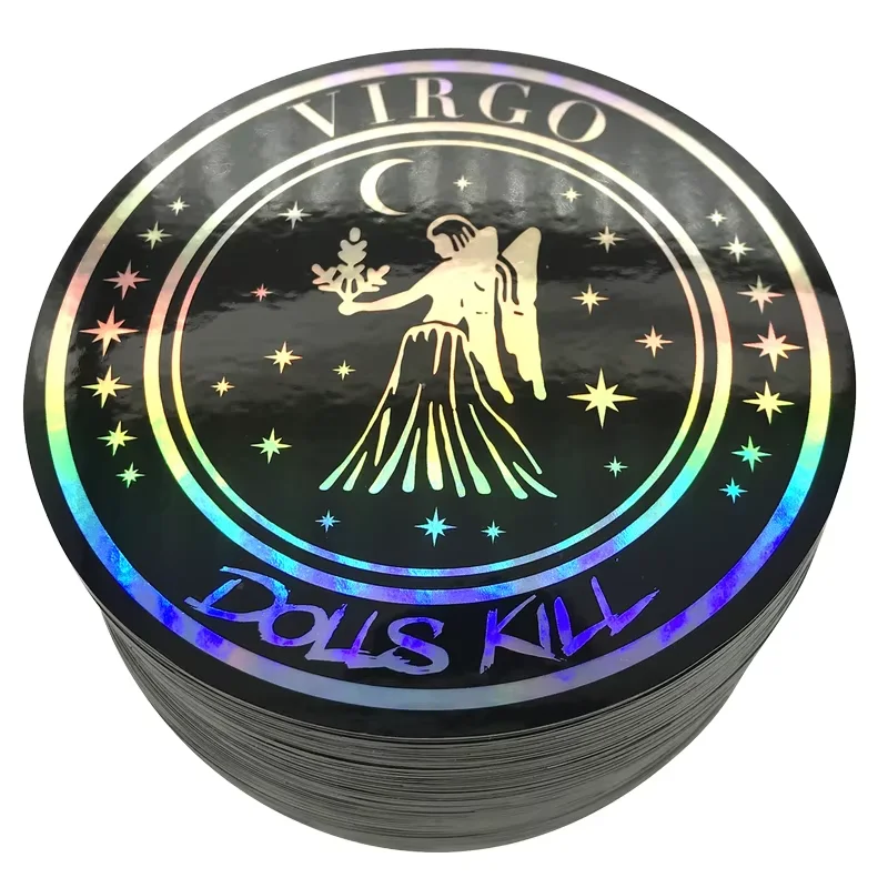 Circular Holographic Adhesive Vinyl Sticker Glossy Fashion Lens Effect PET Plastic Toy Packaging custom label with logo