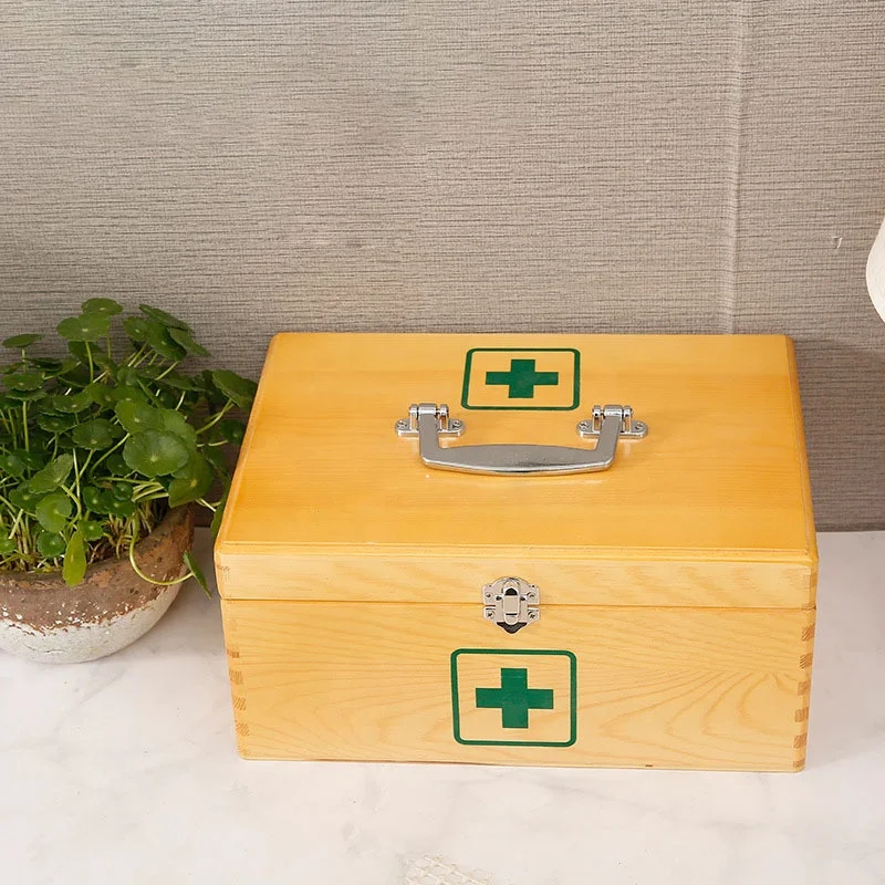 Household Medicine Chest Portable empty wooden first aid kit Two-layer Medical box bag Medicine Storage