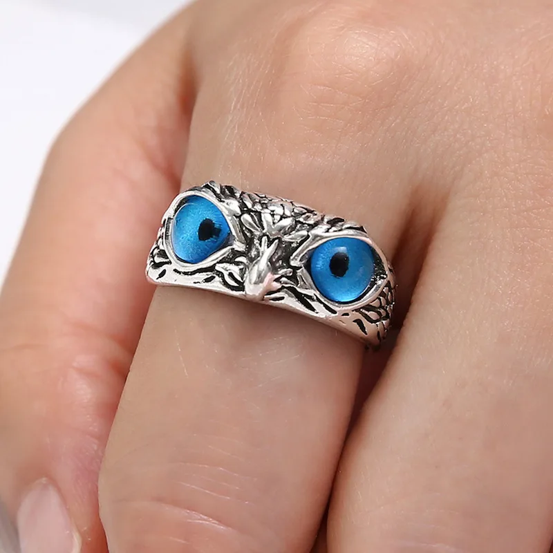 Hot Selling Stylish Fashion Jewelry Plated Silver Casual Vintage Owl Eye Crystal Adjustable Rings