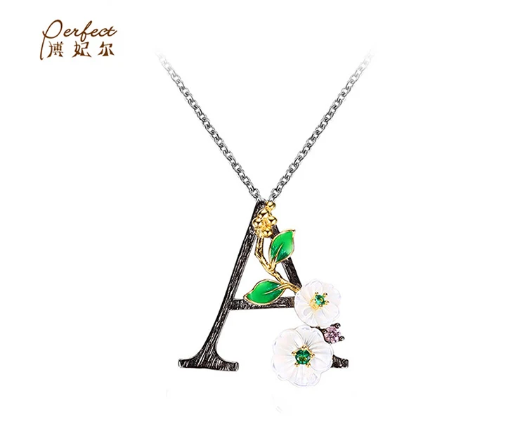 925 Sterling Silver Gold Plated Fashion Letter K Zircon Pendant Jewelry With Green Spinel/ Flower Shell