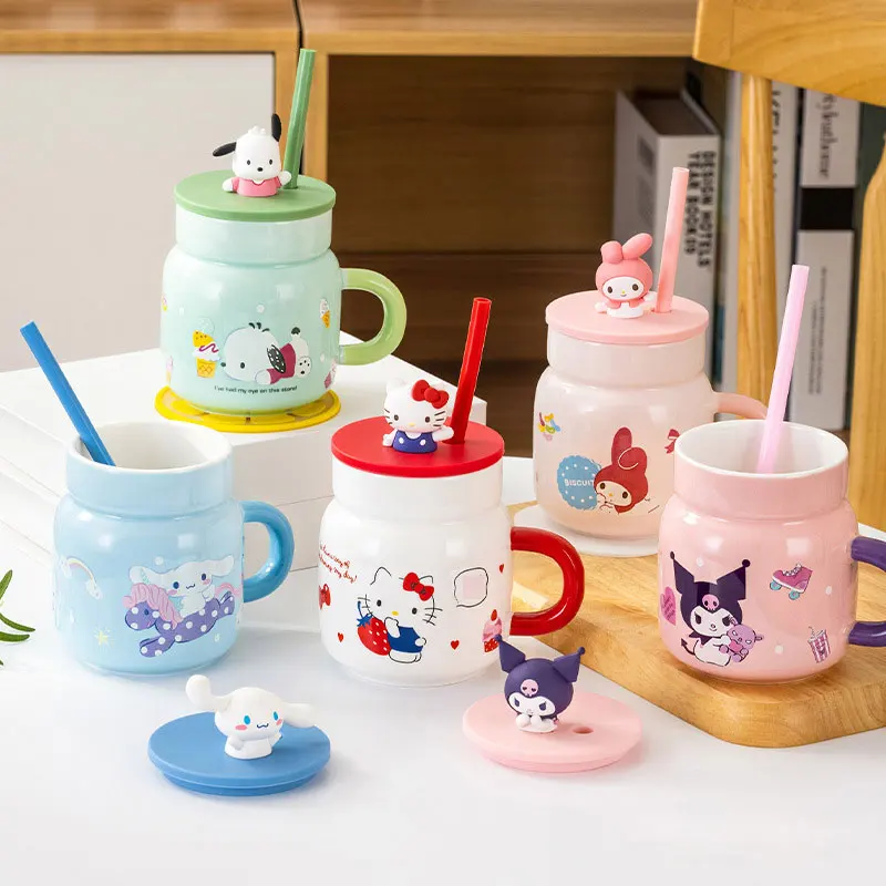 BoTu Cartoon My Melody Ceramics Straw Mug Water Cup 450ml Office Coffee Kettle Anime Doll Birthday Gift Cartoon Breakfast Cup