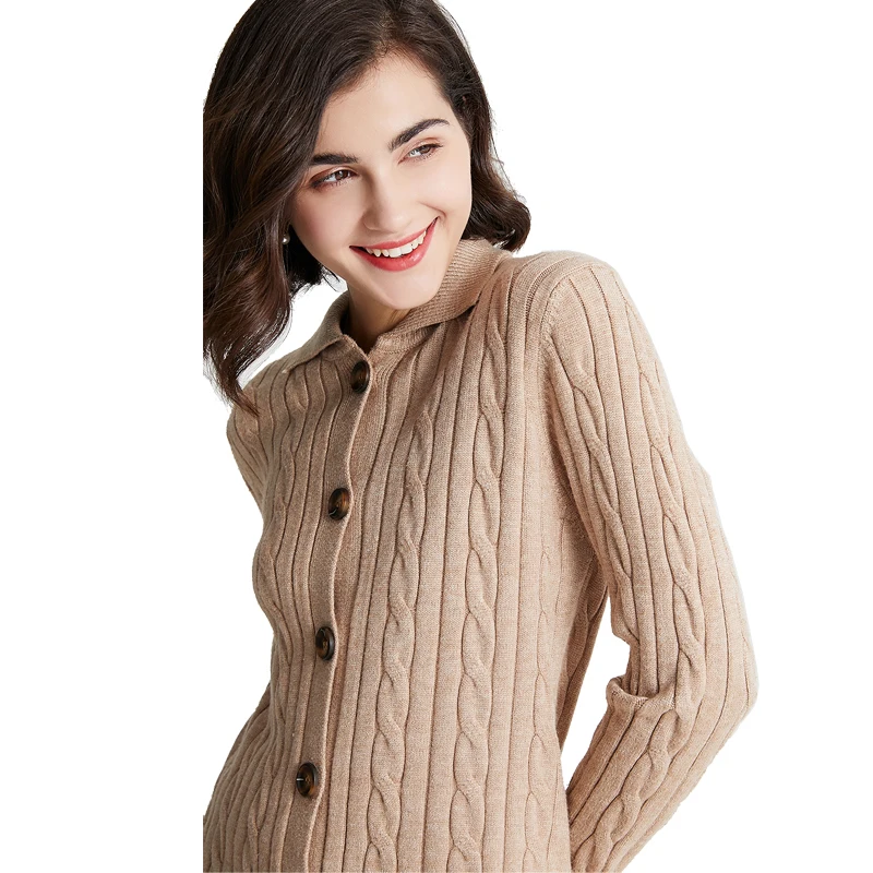 Fashionable Polo Neck Cable Knit Womens Knitted Sweater Cardigan factory