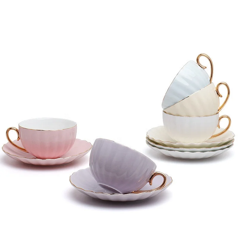 
8oz Ceramic Tea Cup and Saucers with Spoon Cappuccino Cups Multi-Color with Gold Trim 