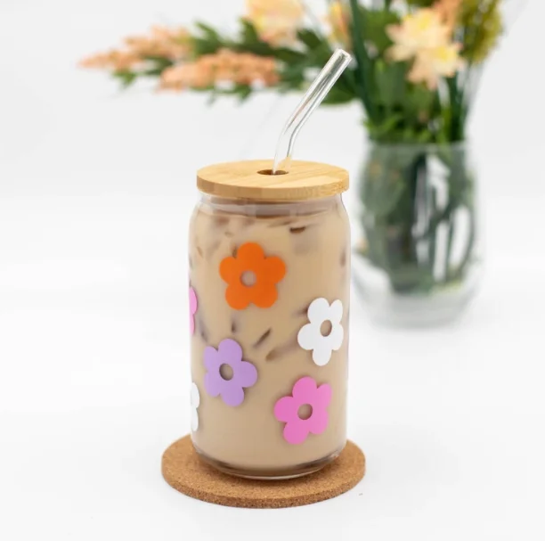 Daisy Coffee Glass, Boho Beer Glass Jar