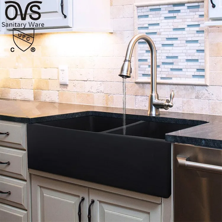 OVS cUPC North America Advanced Technology Wholesale Matt Black Ceramic Deep Kitchen Farmhouse Two Sink Black