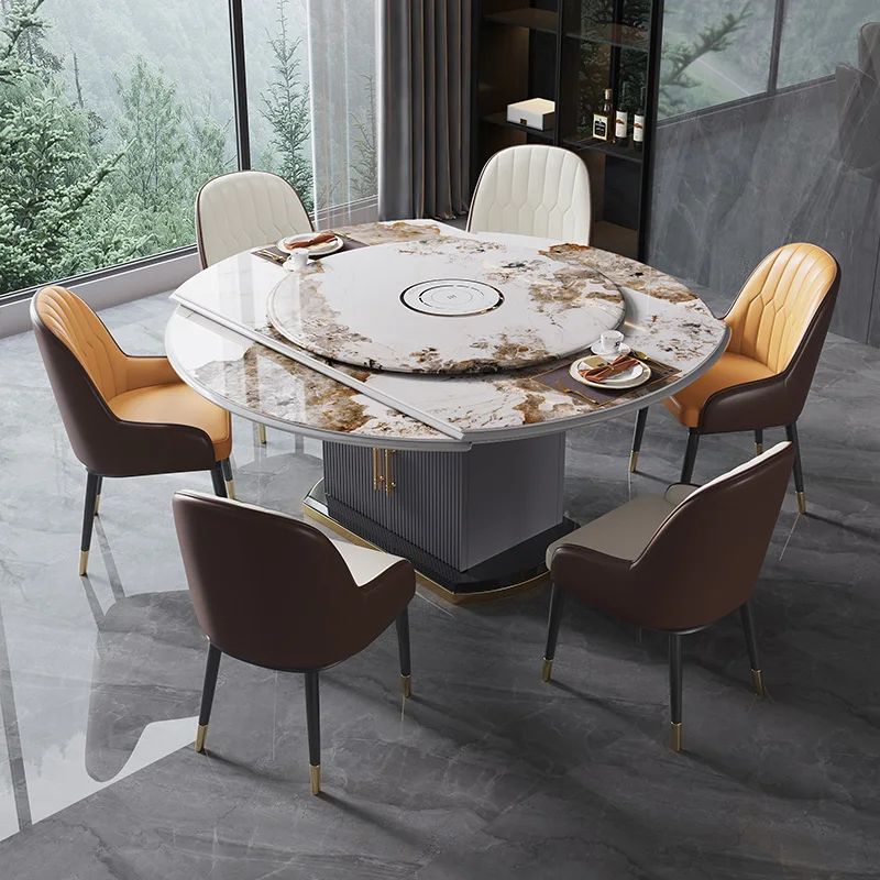 Italian shiny stone solid wood dining table and chair set, minimalist home multifunctional induction cooker turntable