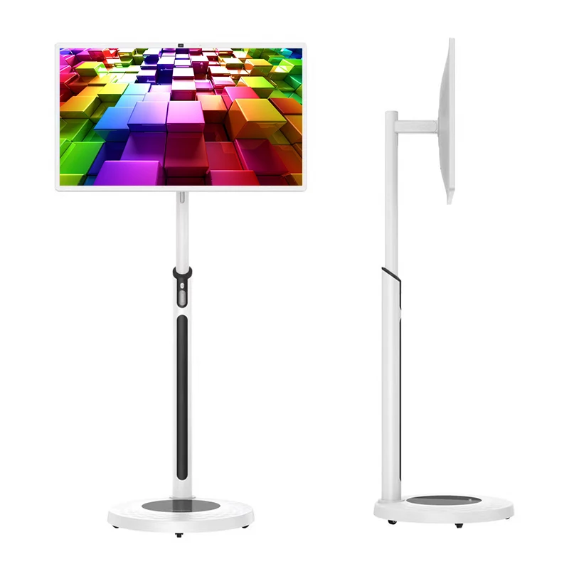 White Standby Me Touch Screen Smart TV Floor Stand Android Tablet PC 32-inch Movable TV For Fitness Game Video Meeting