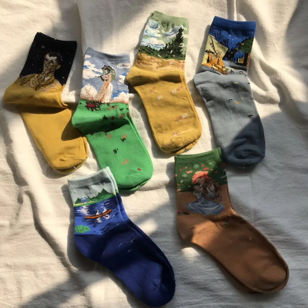 2020 New Art High Quality Stock Ready To Ship Oil Painting Starry Sky Colorful 100% Cotton Men Women Unisex Socks