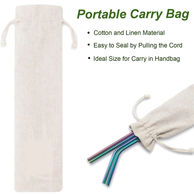 10.5 in Metal Reusable Straws Drinking Set Bag,Stainless Steel Straw With Brush In A Pouch