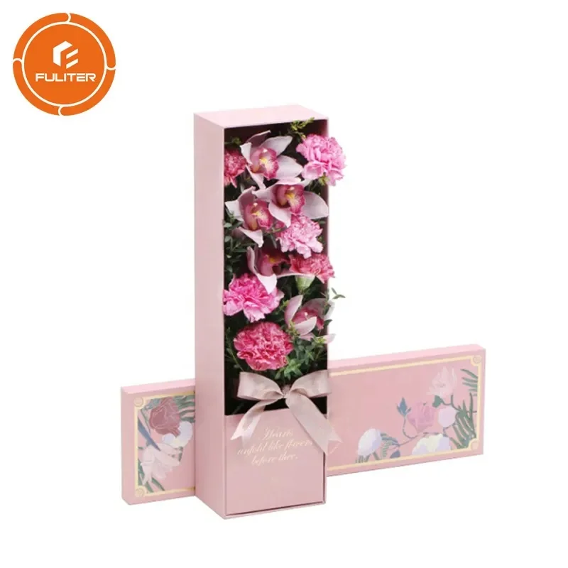 Customized Long Stem Preserved Roses Bouquet Flower Boxes Packaging Handmade Rectangle Flower Box