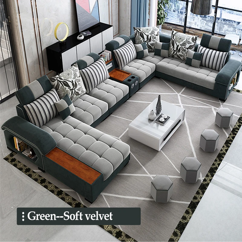 
Modern Luxury Cheap down cushion home furniture Living Room Grey wooden Frame sectional 5 seater L shape Sofa and recliner Set 
