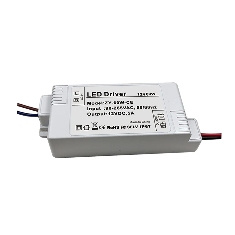 2023 factory price IP67 led driver 12v/24v 60w 90*46*25mm slim plastic body power supply