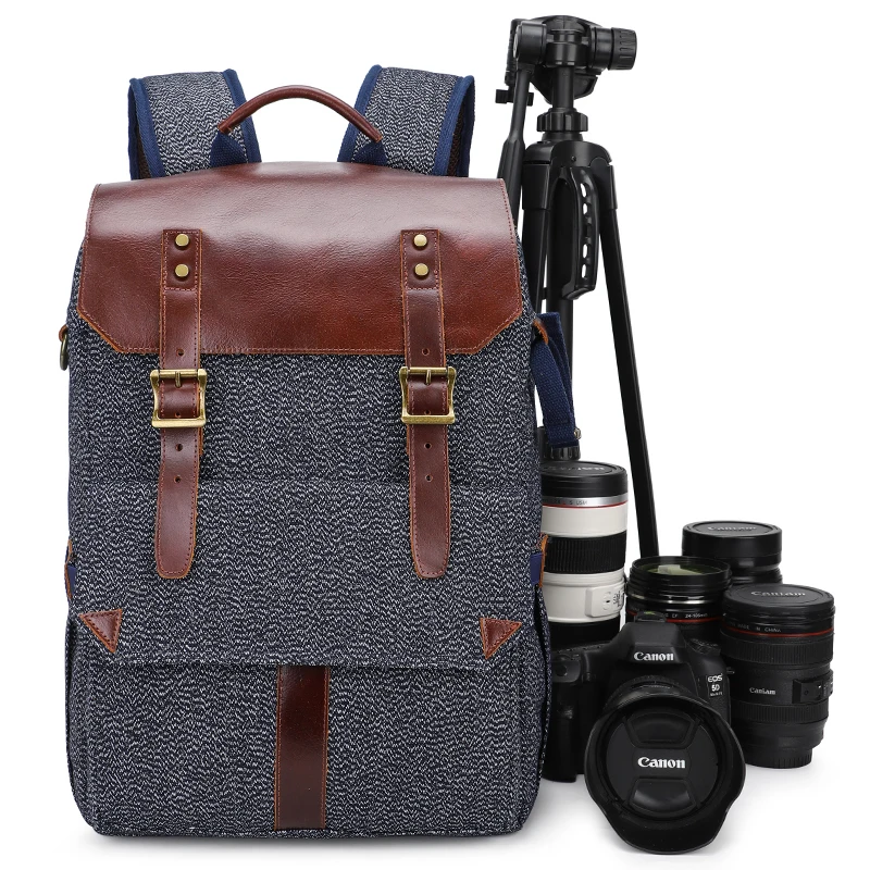 
2021 New design retro canvas cowhide sony camera travel backpack bag photography 