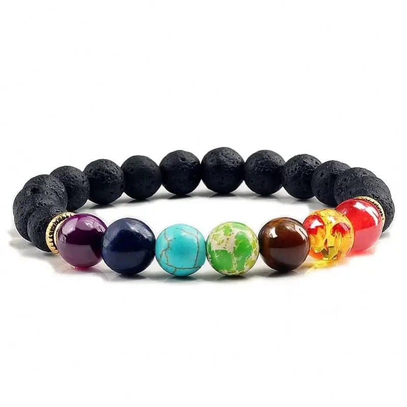 Wholesale Colorful Beaded Natural Stone Beads Yoga Valconic Healing Energy Lava Stone 7 Chakra Diffuser Bracelet