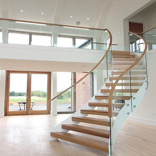Customized morden design interior house wood steps and glass railing curved staircase