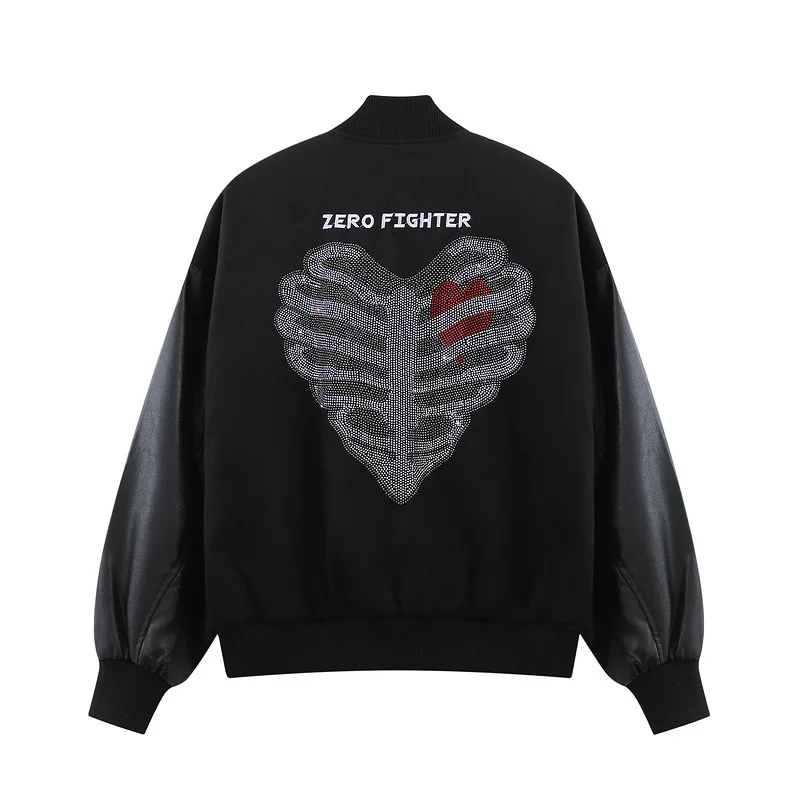 Wholesale Skull Rhinestone Transfer Varsity Jacket Custom Patchwork Leather Sleeves Chenille Patches Embroidery Baseball Jacket