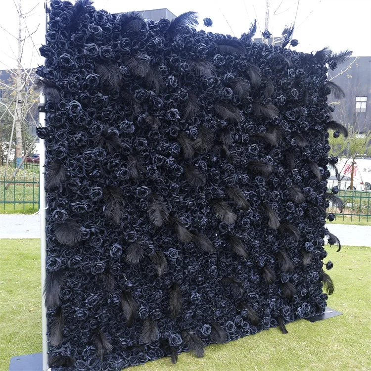 A-985 Event Wedding Backdrop Black Rose Flower Wall Roll Up Flower Wall Black Feather Wall Backdrop