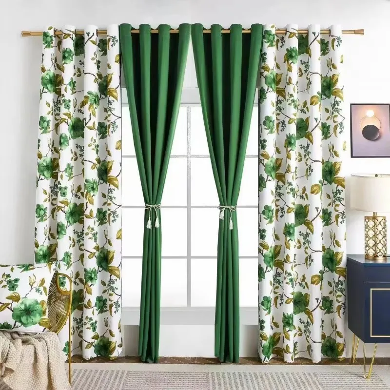 Yellow Navy Blue Solid Color Mix Flower Waterproof Rod Pocket Grommet Living Room Curtains