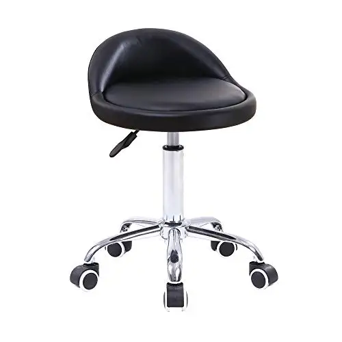 PU Leather Round Rolling Stool with Back Rest Height Adjustable Swivel Drafting Work SPA Task Chair with Wheels Black