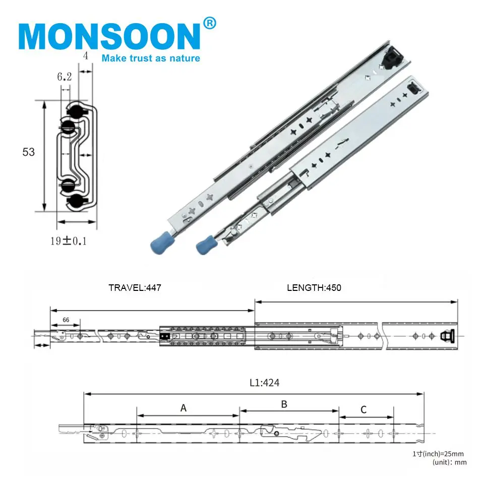 Heavy Duty industrial drawer slide runners telescopic hydraulic channel soft close 53mm kitchen heavy duty drawer slide