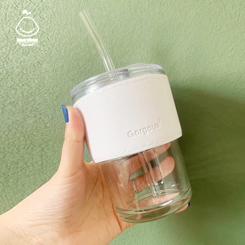 15oz glass coffee mugs travel tumbler with lid straw and Thermal insulation leather cover juice milk Water Drinking cup