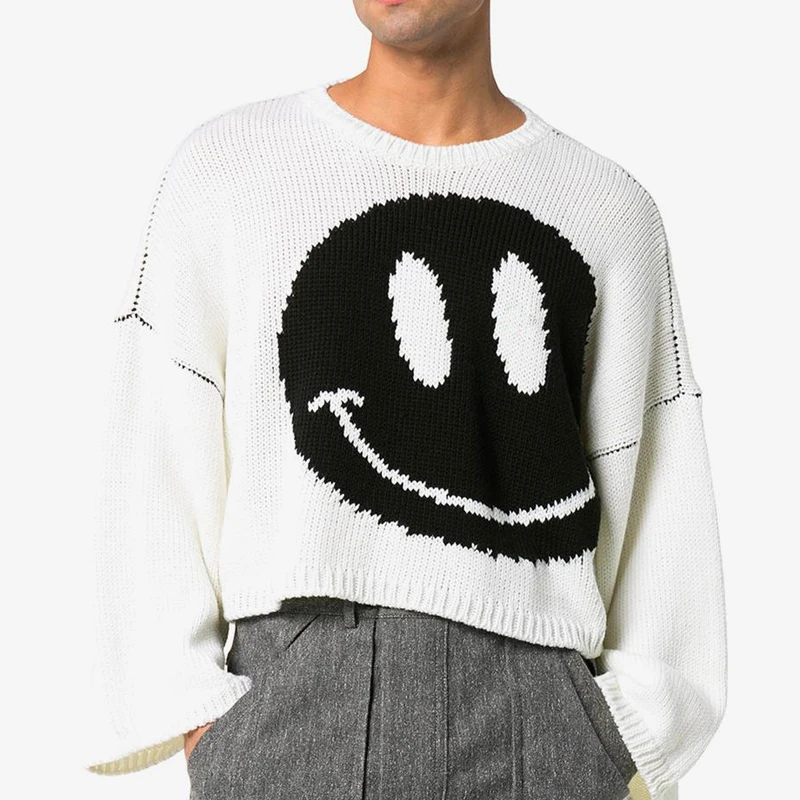 custom logo 100% virgin wool oversized crew neck cropped men sweater knitted pullover designer smiley intarsia knit sweater men
