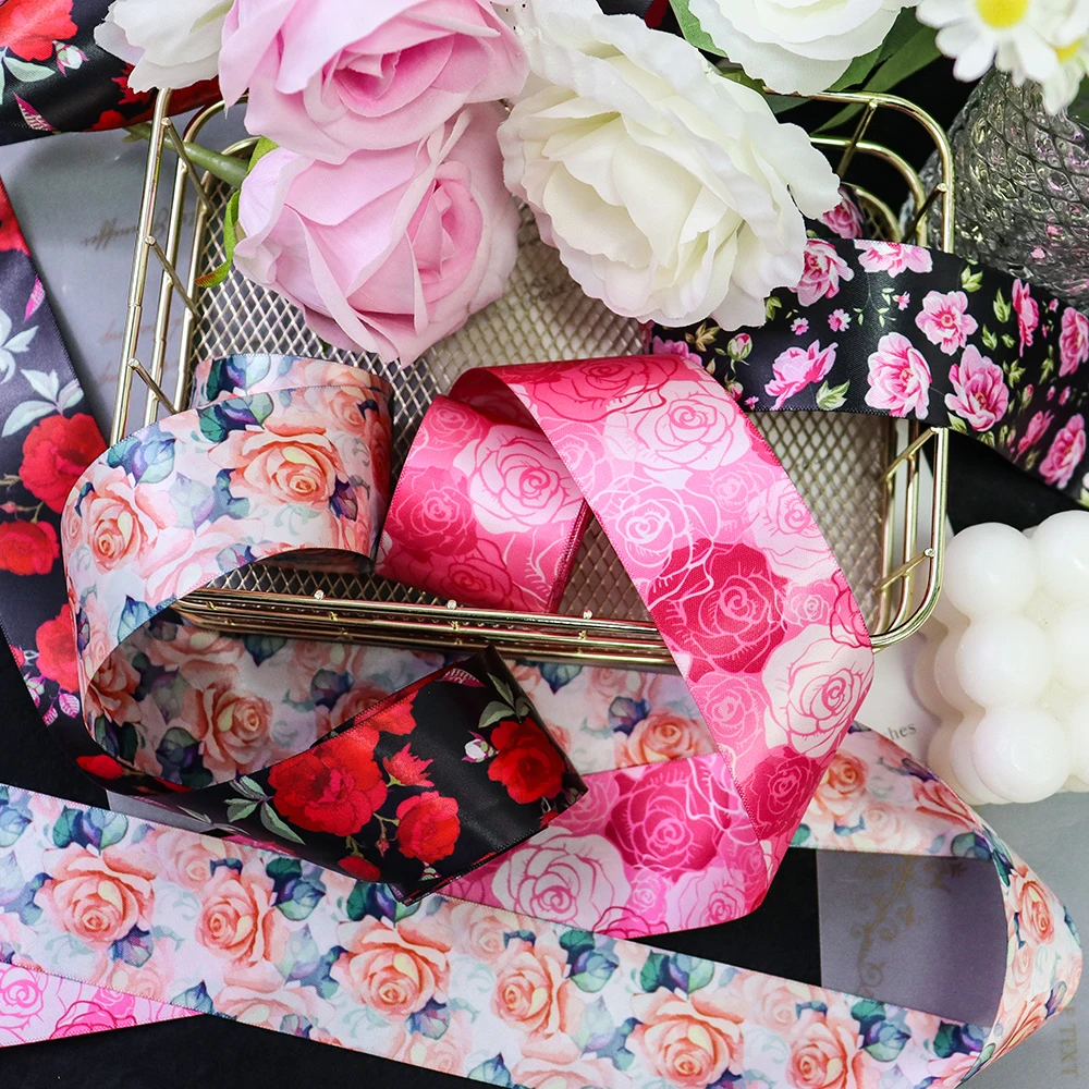 Hot Sale 1.5 inch Double Face Heat Transfer Flower Polyester Satin Ribbon 100 Yards