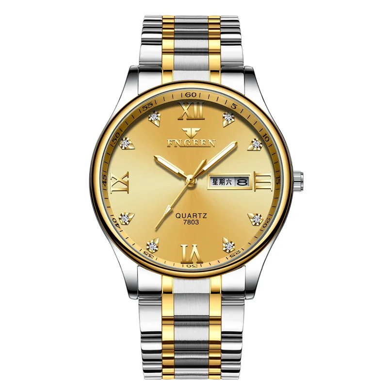 FNGEEN 7803 antique golden gents quartz watch original Stainless steel band water resist date display Simple business hand watch