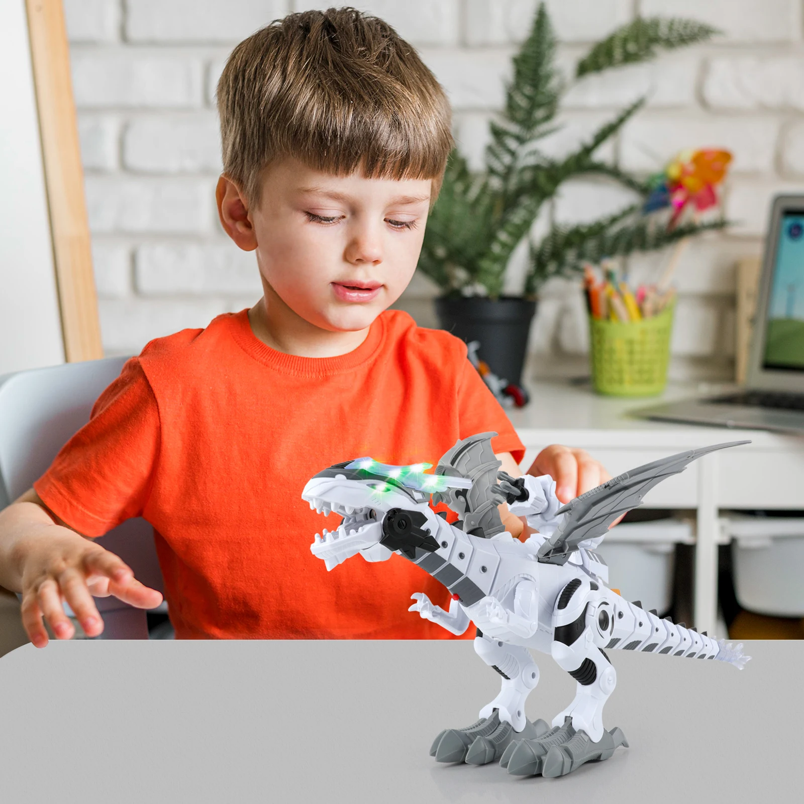 Electric Walking Dinosaur Robot Toy Water Spray Fire Breathing Alive Dinosaur with LED Eyes Realistic Sound Bullets Shooting