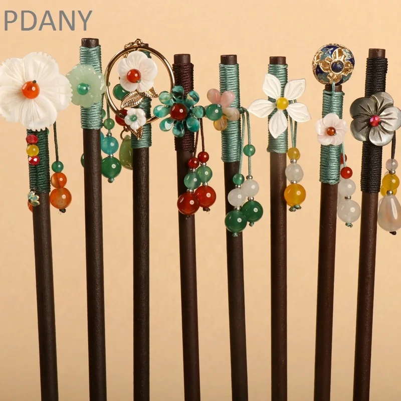 PDANY Antique style simple fringe hair accessories retro wooden gemstone hair stick
