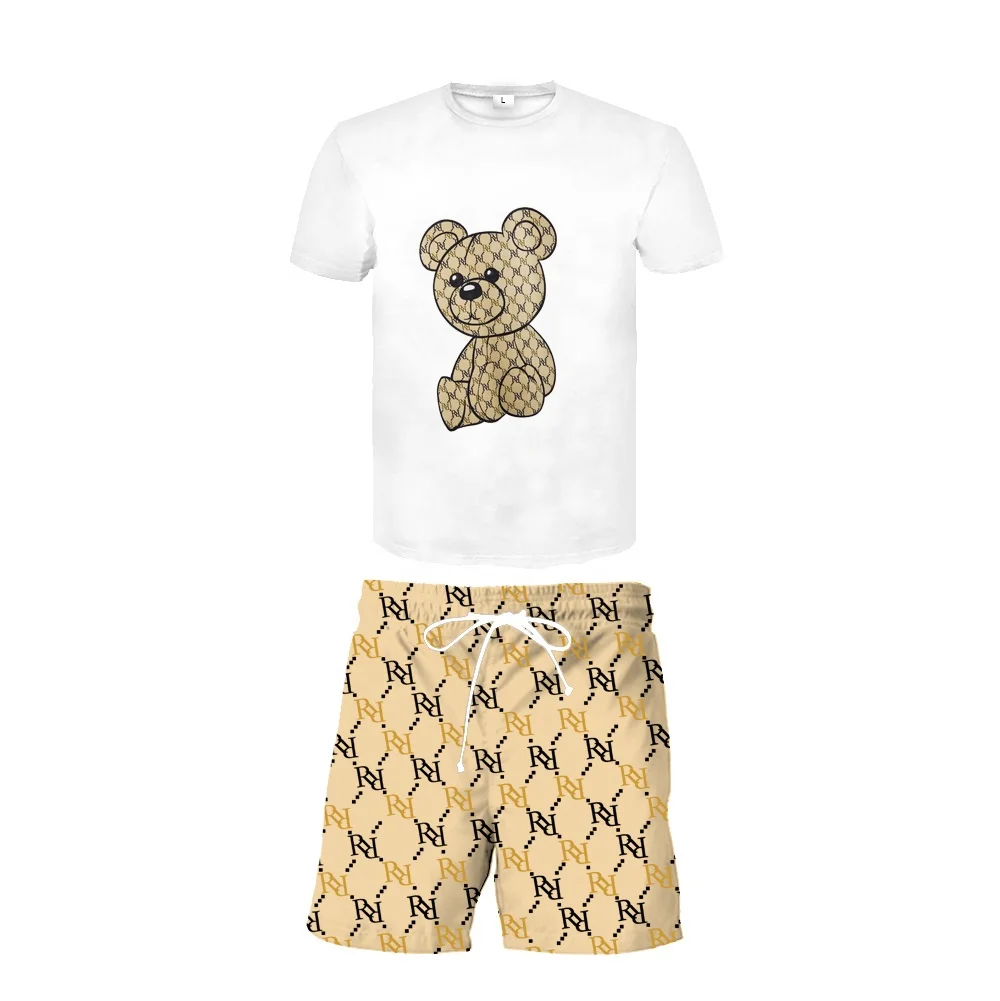 2022 summer Fashion bear Print short Men Clothing two pieces Casual short sets 2 piece suit  t shirt and shorts  4xl plus size