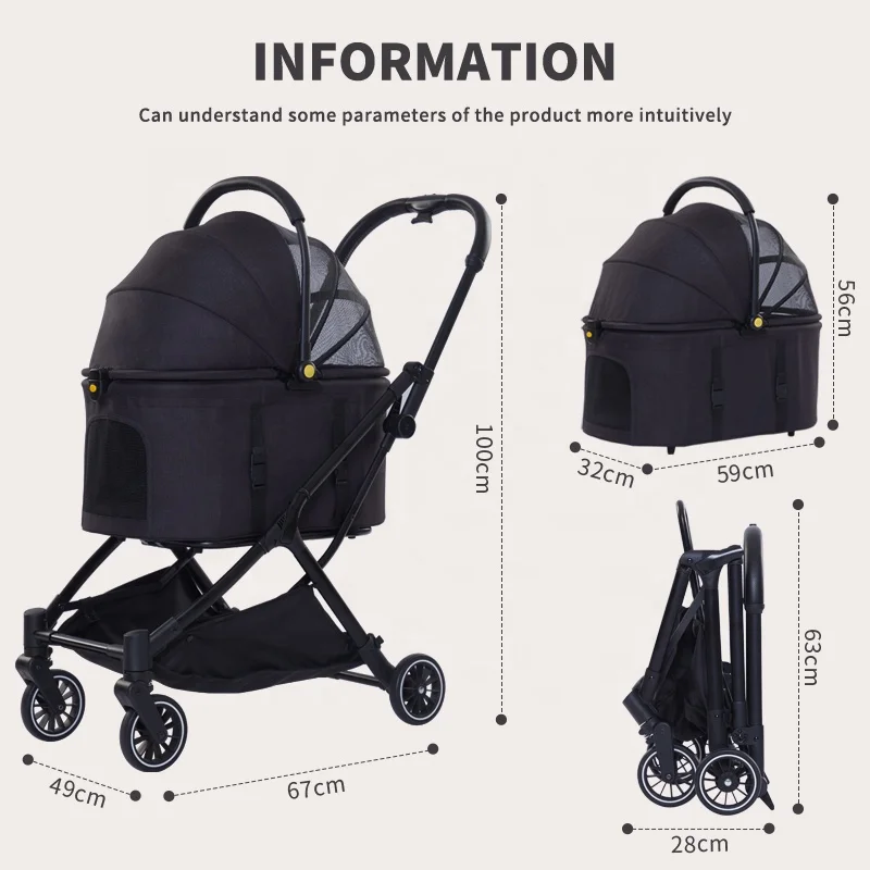 Factory Wholesale Pet Travel Wheel Stroller Dog Cat Transport Trolley Four Rounds Foldable With One Hand pet dog stroller