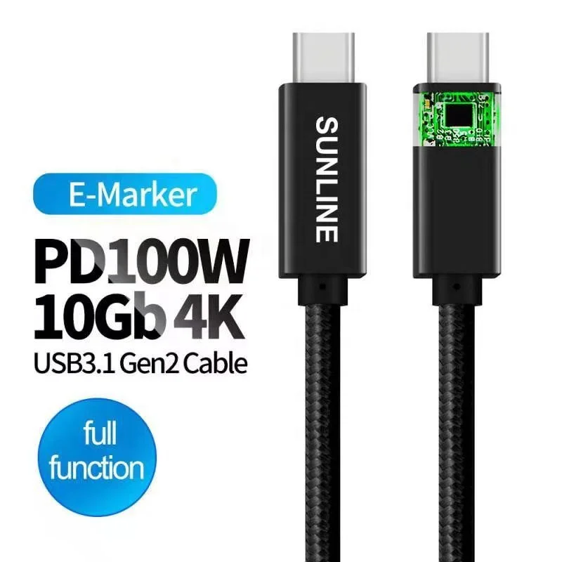 SUNLINE  USB CtoC Cable 10Gbps USB 3.2 Gen2 Type C 100W Fast Charge 5A Power Delivery 4K@60Hz Video with E-MARK IC for Macbook