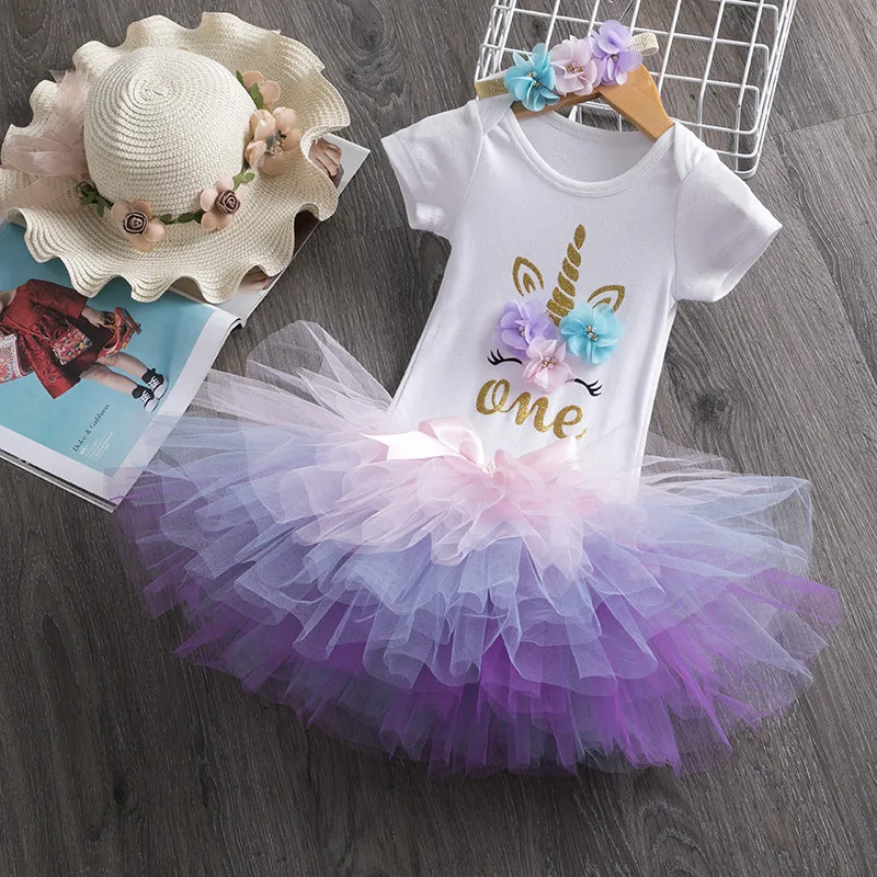Fashion Kids Clothing Wholesale 3 pcs Toddler Girls Party Dresses Unicorn Design Baby Dress Girls
