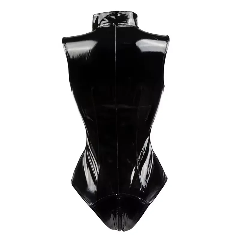 Hot Selling Black Shiny PVC Leather Bodysuit Sleeveless Catsuit Jumpsuit Open Crotch Zipper Women Sexy Lingerie