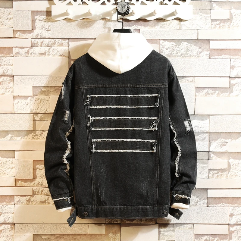 
Cotton And Viscose Loose Fit Jeans Poker Mens Streetwear Casual Black Hip Hop Denim Jacket For Men 