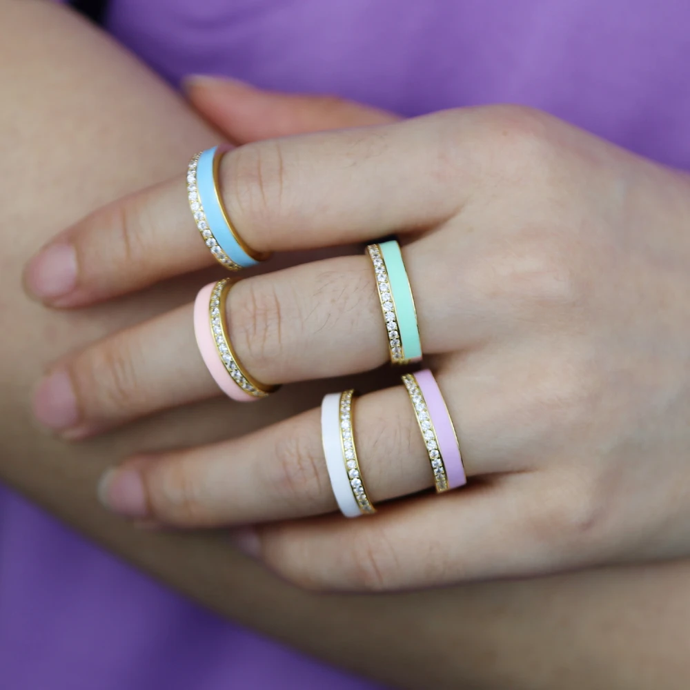 Hot Sale Gold Plated Simple Design Enamel CZ Ring Oil Drip Heart Charm Eternity Ring