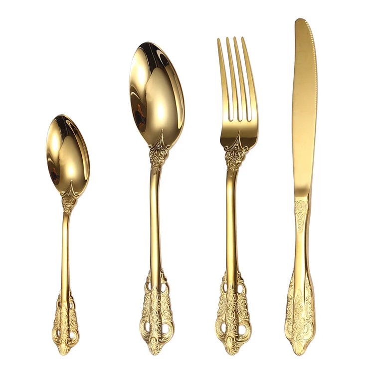 Luxury Vintage Turkish Dubai Golden Flatware Cutlery Set Mirror Polished 304 Stainless Steel Dining Knife Fork Spoon Set Cutlery