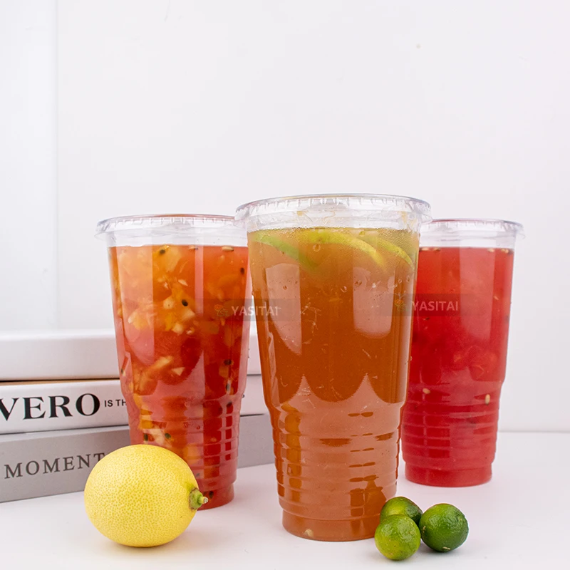 Disposable 32 oz Clear PET Plastic Cup With Flat Lid