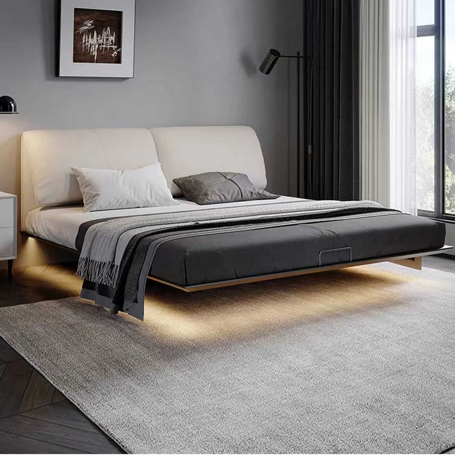 Big Elephant Ear Light Luxury Modern Italian Leather Fabric King Queen Designer Soft Bed Frame Popular Wedding Floating Beds