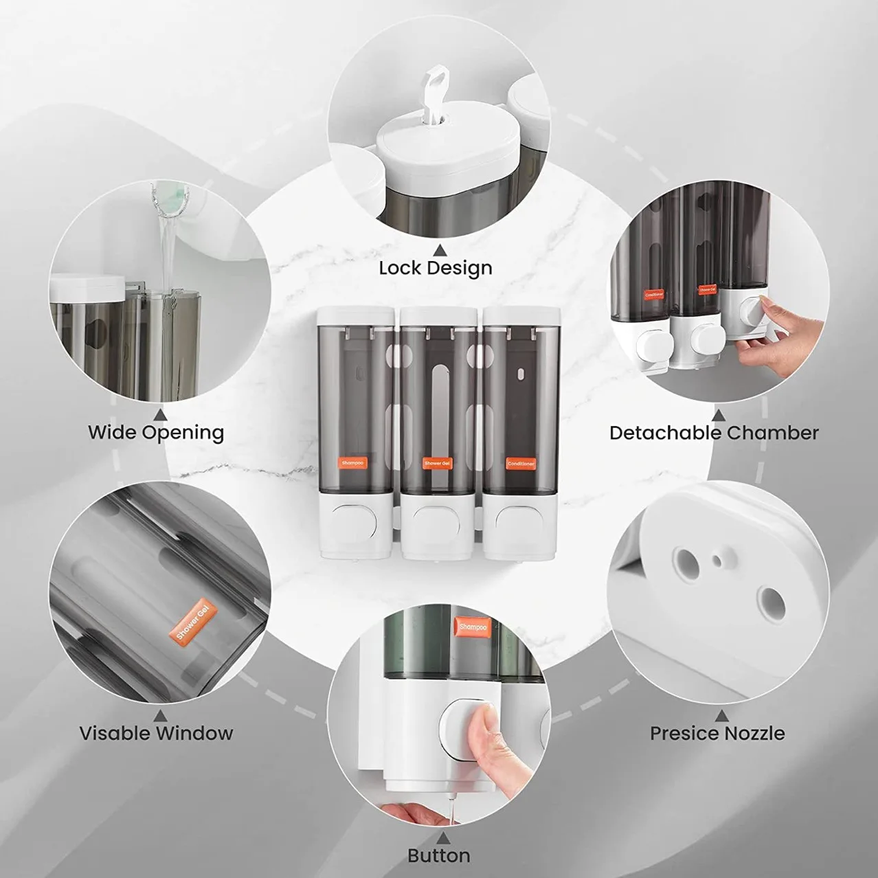 Manual ABS Plastic 3M Soap Dispenser Round Wall Mounted Hotel Bathroom Shampoo Shower Triple Liquid Soap Dispenser With Key Lock